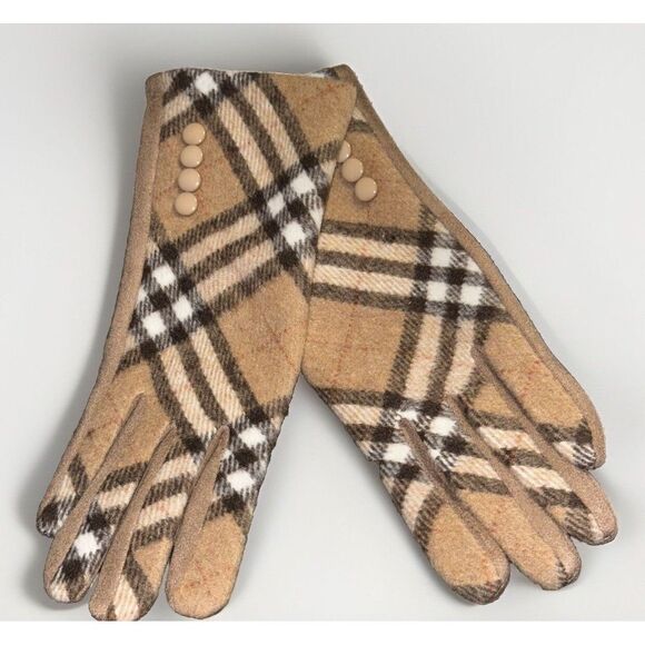 Nova Plaid Winter Gloves Beige‎ Tan Button Detail Fleece Lined Women - Picture 1 of 5